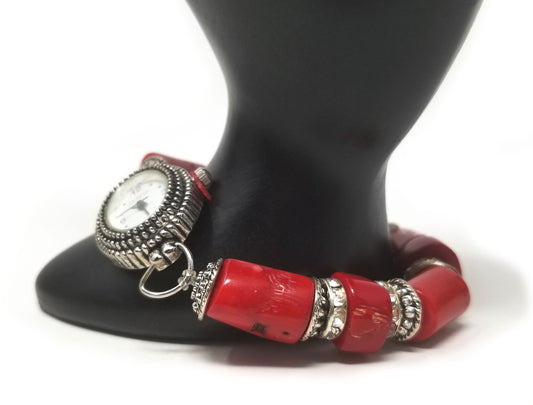'Mkegani' Natural Red Coral Watch in Silver
