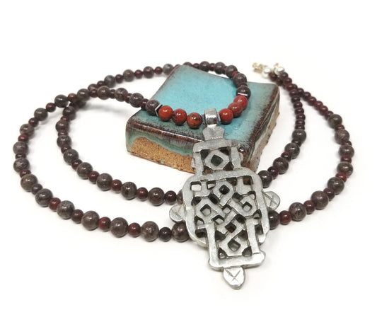 'Badu' Ethiopian Cross Pendant Necklace in Jasper Gemstone Mix
