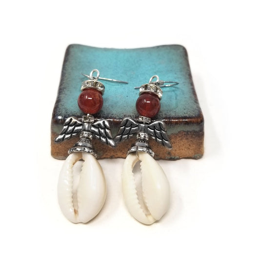 'Teleza' Cowrie Shell Angel Earrings in Amber Fire Agate