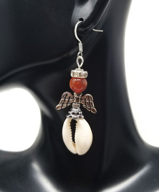 'Teleza' Cowrie Shell Angel Earrings in Amber Fire Agate