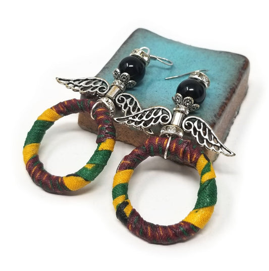 'Raziya' Kente Wrapped Hoop Angel Earrings in Black Jasper