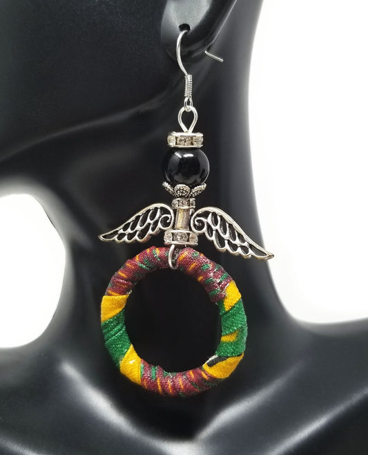 'Raziya' Kente Wrapped Hoop Angel Earrings in Black Jasper