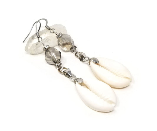 'Layla' Crystal Cowrie Shell Earrings in Silver