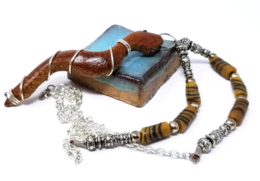 'Njano' Carved Mahogany Snake Pendant Necklace with African Trade Beads