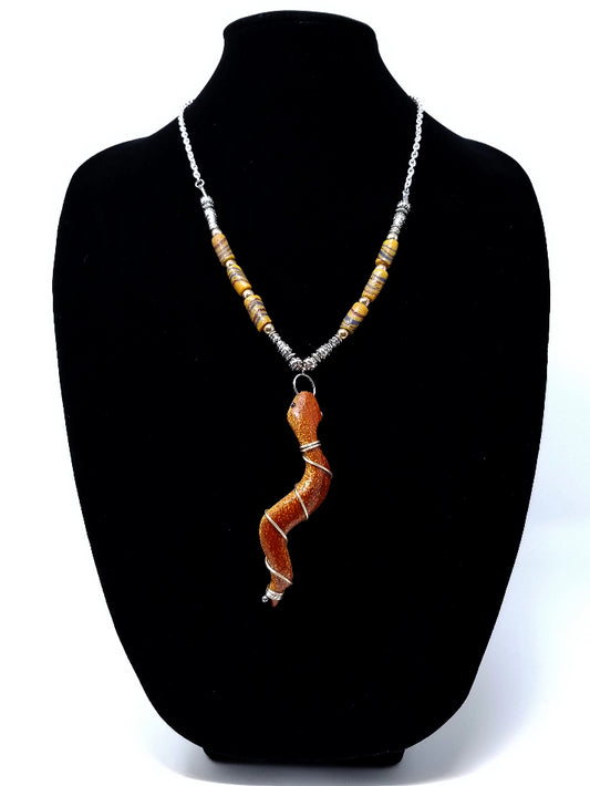 'Njano' Carved Mahogany Snake Pendant Necklace with African Trade Beads