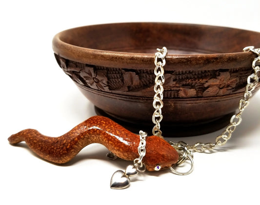 'Mbili' Carved Mahogany Snake Pendant Necklace in Silver Chain
