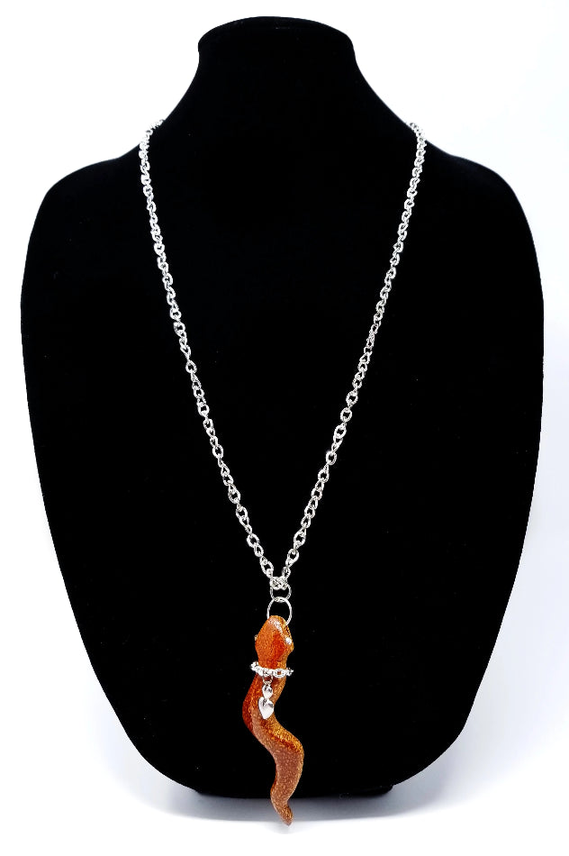 'Mbili' Carved Mahogany Snake Pendant Necklace in Silver Chain
