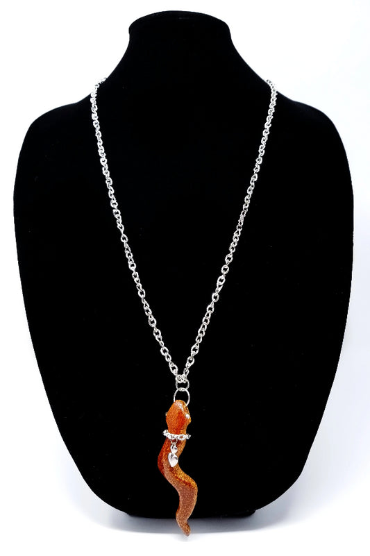'Mbili' Carved Mahogany Snake Pendant Necklace in Silver Chain