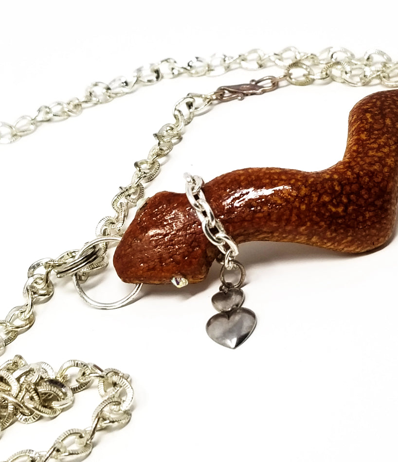 'Mbili' Carved Mahogany Snake Pendant Necklace in Silver Chain