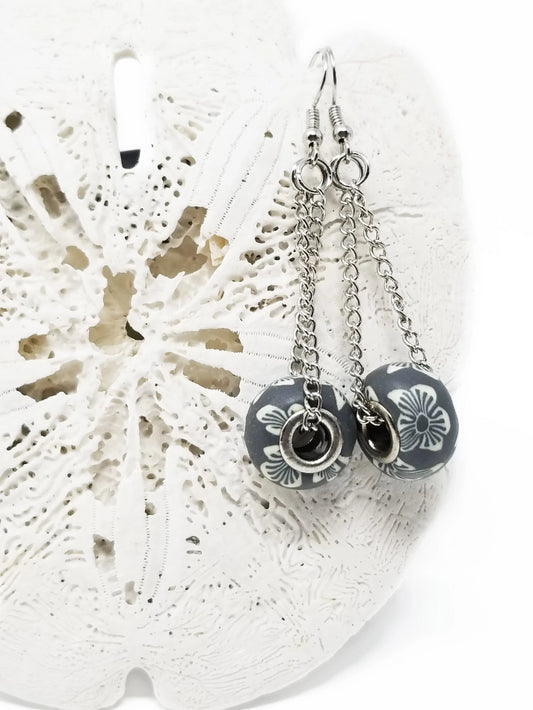 tropical floral gray pandora style dangle earrings for women sterling silver
