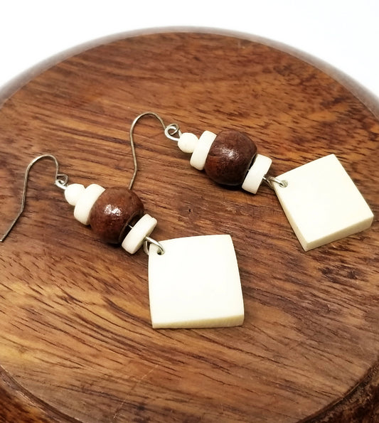 'Mraba' African Bone and Wood Earrings in White