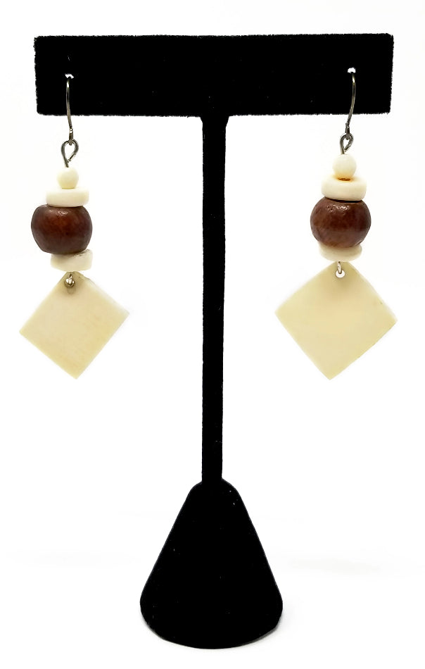 'Mraba' African Bone and Wood Earrings in White