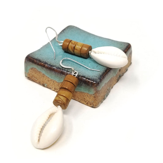 'Kamili' Cowrie Shell Earrings in Stacked Yellow Jasper