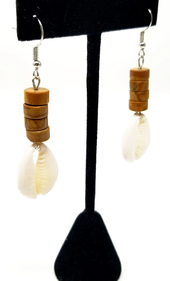 'Kamili' Cowrie Shell Earrings in Stacked Yellow Jasper