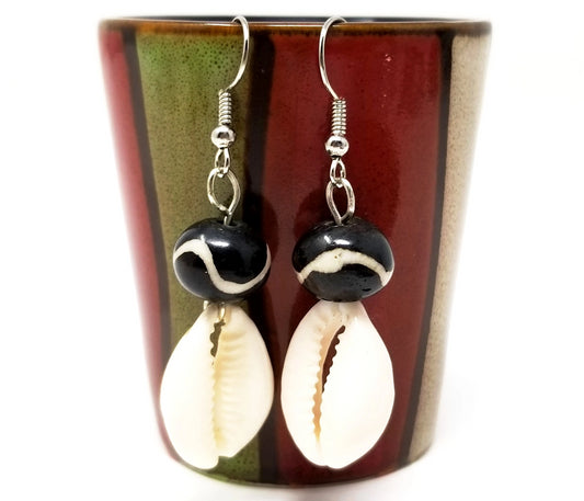 'Musa' Cowrie Shell Earrings with Kenyan Batik Bone