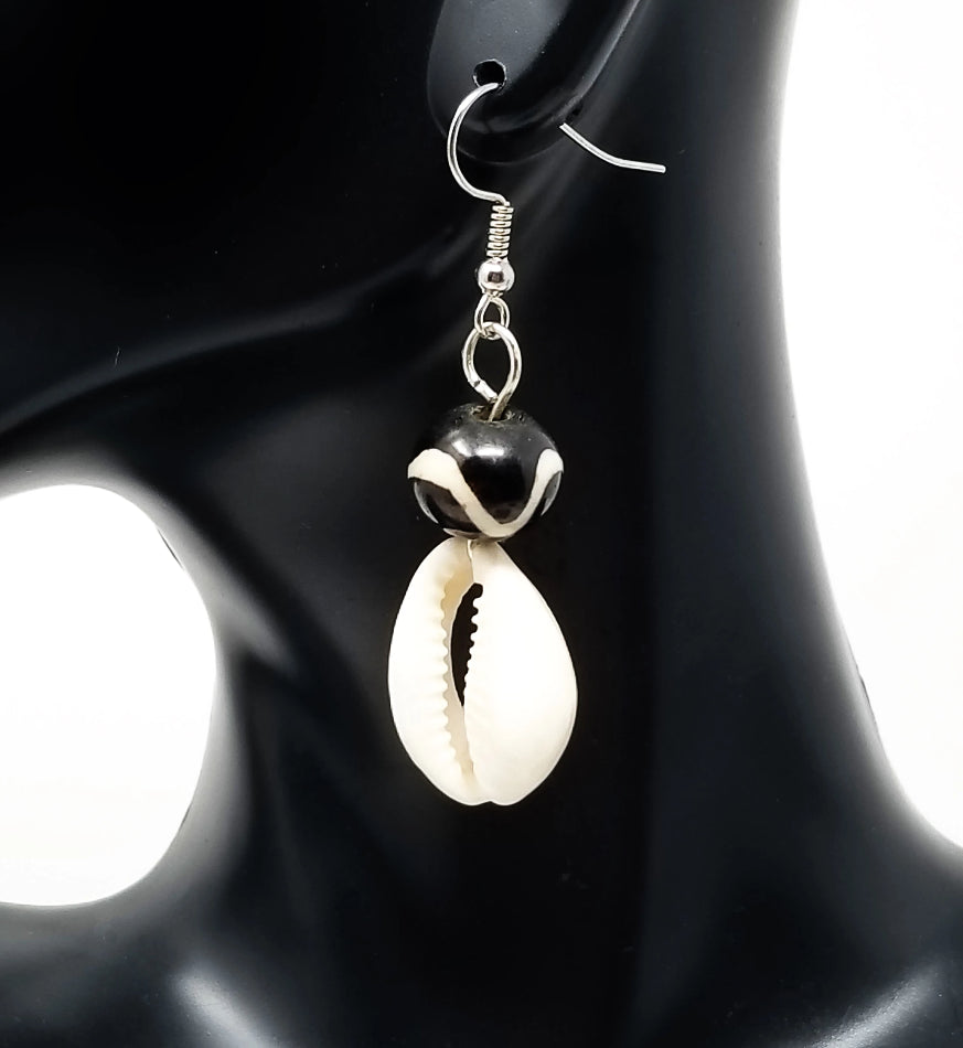 'Musa' Cowrie Shell Earrings with Kenyan Batik Bone