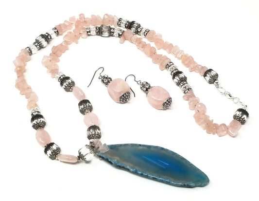 'Kali' Blue Agate Necklace and Earrings Set in Rose Quartz