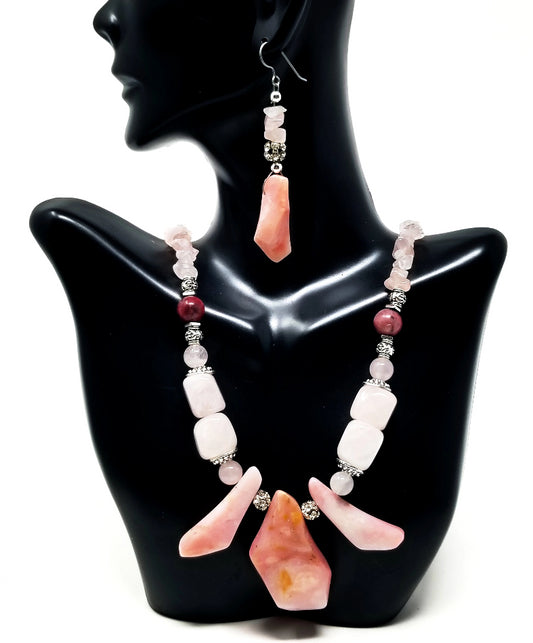 'Kike' Rose Quartz Crystal Pendant Necklace and Earrings Set