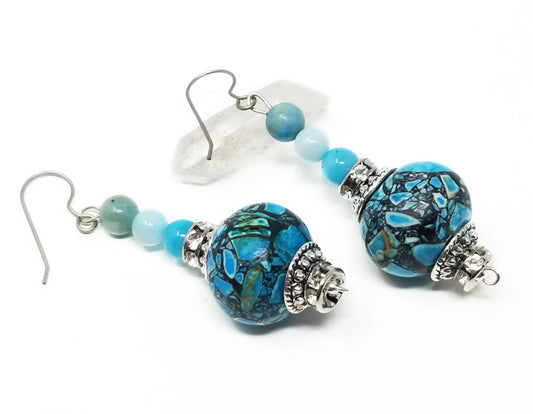 mosaic jasper and amazonite gemstone dangle earrings for women with sterling silver hooks