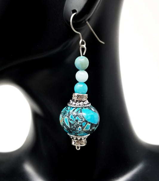 mosaic jasper and amazonite gemstone dangle earrings for women with sterling silver hooks