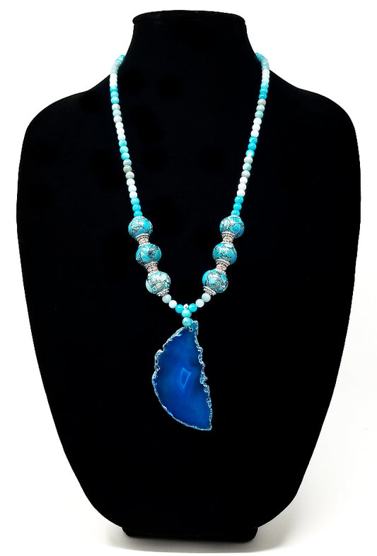 mosaic jasper and amazonite gemstone necklace for women with blue agate pendant