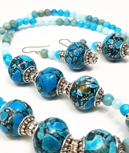 mosaic jasper and amazonite gemstone necklace set for women with blue agate pendant