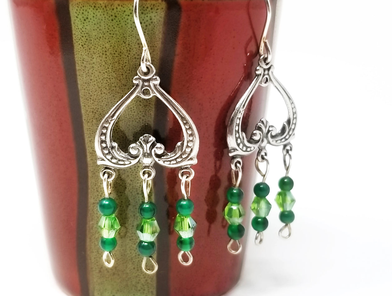 'Kijani' Upside Down Heart Earrings in Green Glass