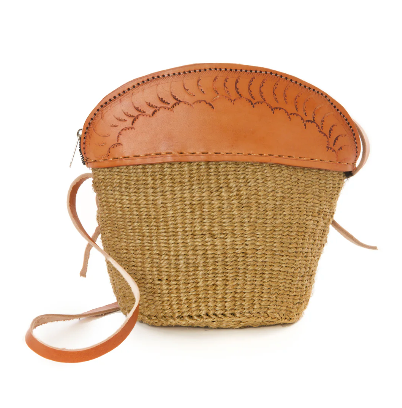 Khaki Sisal & Leather Petite Zippered Purse from Kenya