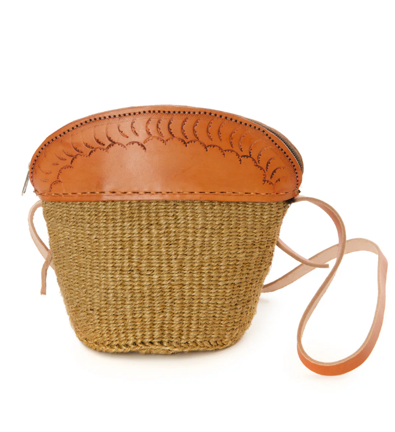 Khaki Sisal & Leather Petite Zippered Purse from Kenya