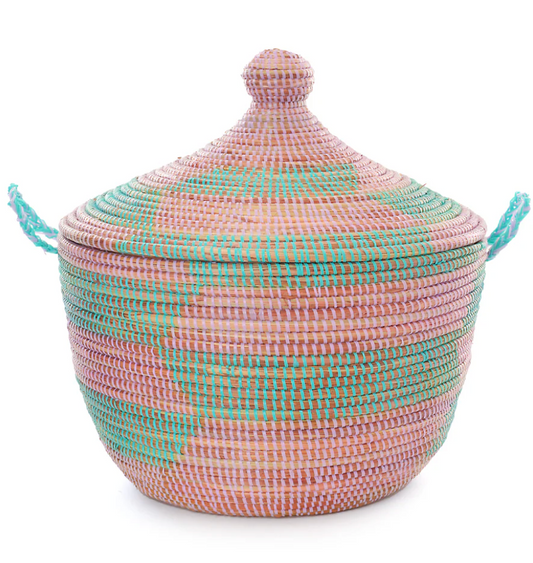Blue and Pink Herringbone Tribal Basket from Senegal