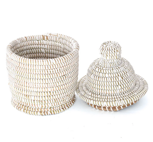 Small White Lidded Tower Basket from Senegal