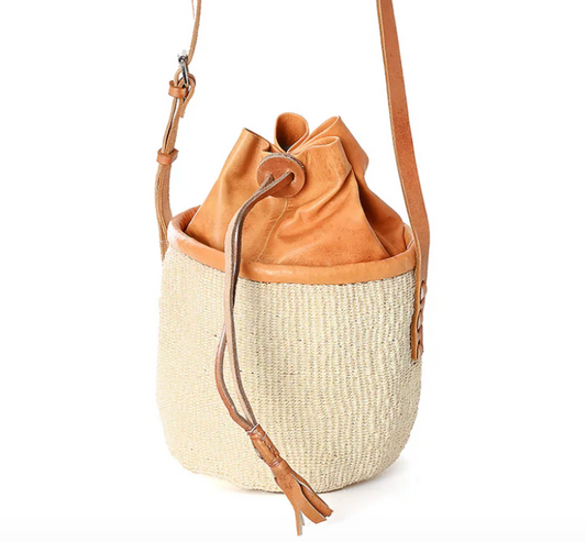 'Ambe' Small White Sisal and Leather Cinched Purse from Kenya