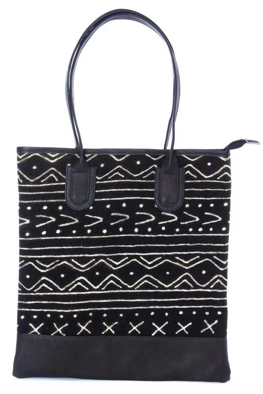 Black and White Mudcloth Leather Bag from Mali