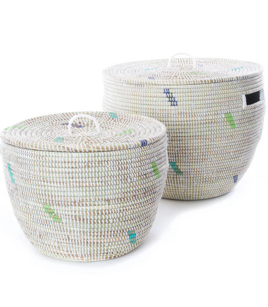 Set of 2 Green and Blue Dash Nesting Lidded Baskets from Senegal