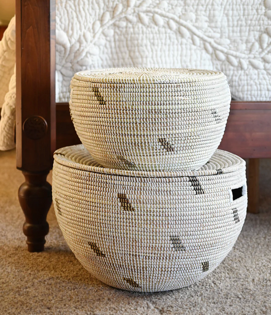 Set of 2 Green and Blue Dash Nesting Lidded Baskets from Senegal