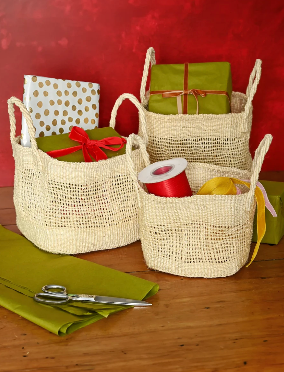 Natural Cream Lace Weave Square Sisal Basket from Kenya