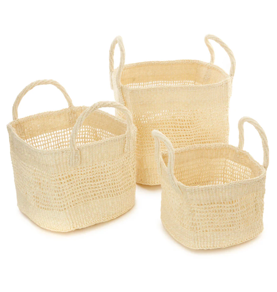 Natural Cream Lace Weave Square Sisal Basket from Kenya