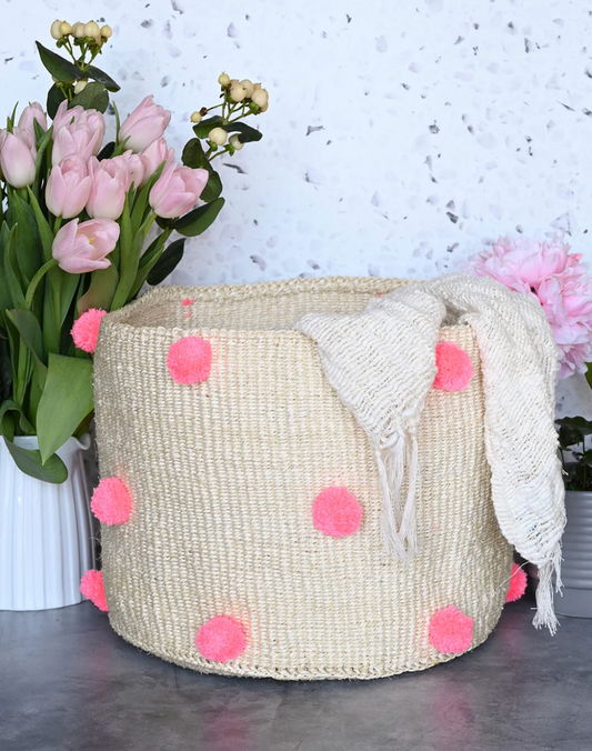 Natural Sisal Basket with Pink PomPoms from Kenya