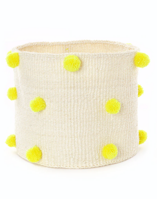 Natural Sisal Basket with Yellow PomPoms from Kenya