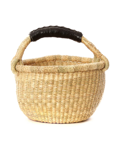 Natural Baby Bolga Basket with Black Leather from Ghana