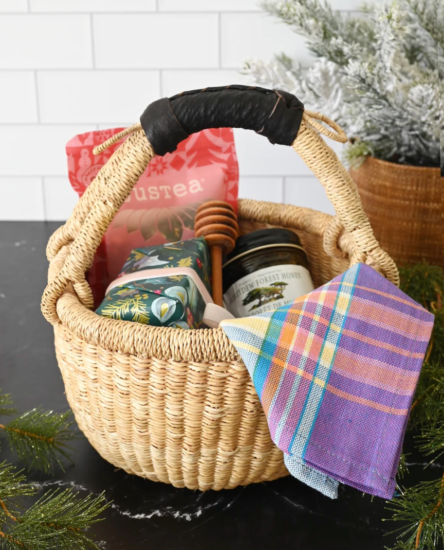 Natural Baby Bolga Basket with Black Leather from Ghana