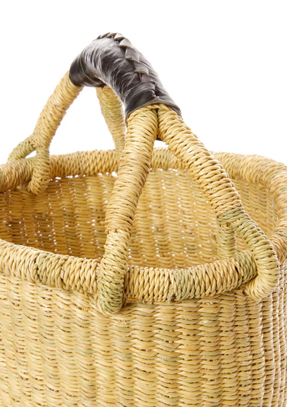 Natural Baby Bolga Basket with Black Leather from Ghana
