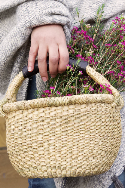 Natural Baby Bolga Basket with Black Leather from Ghana