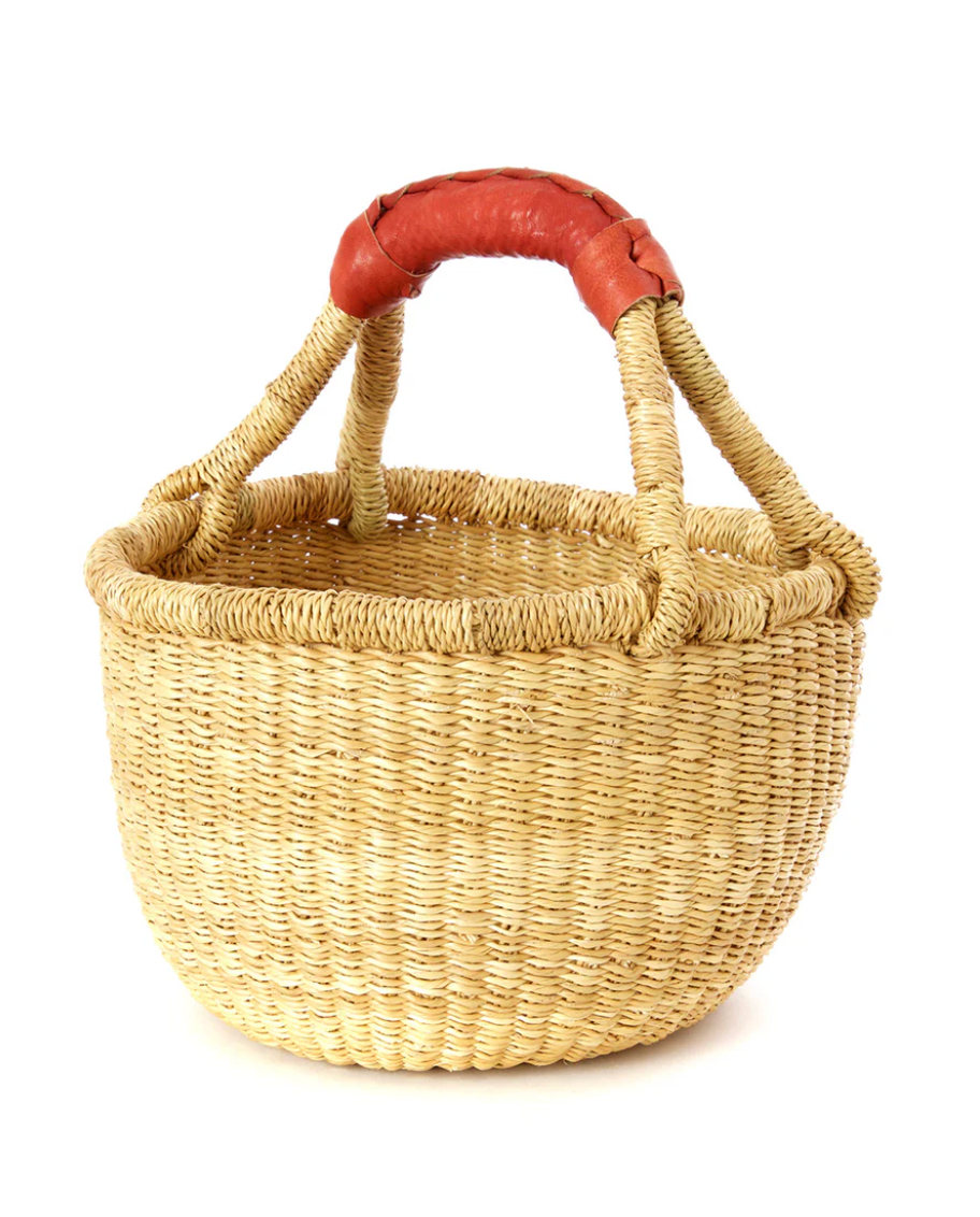 Natural Baby Bolga Basket with Brown Leather from Ghana