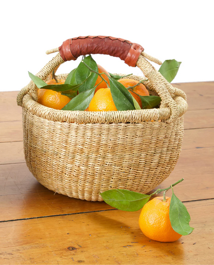 Natural Baby Bolga Basket with Brown Leather from Ghana