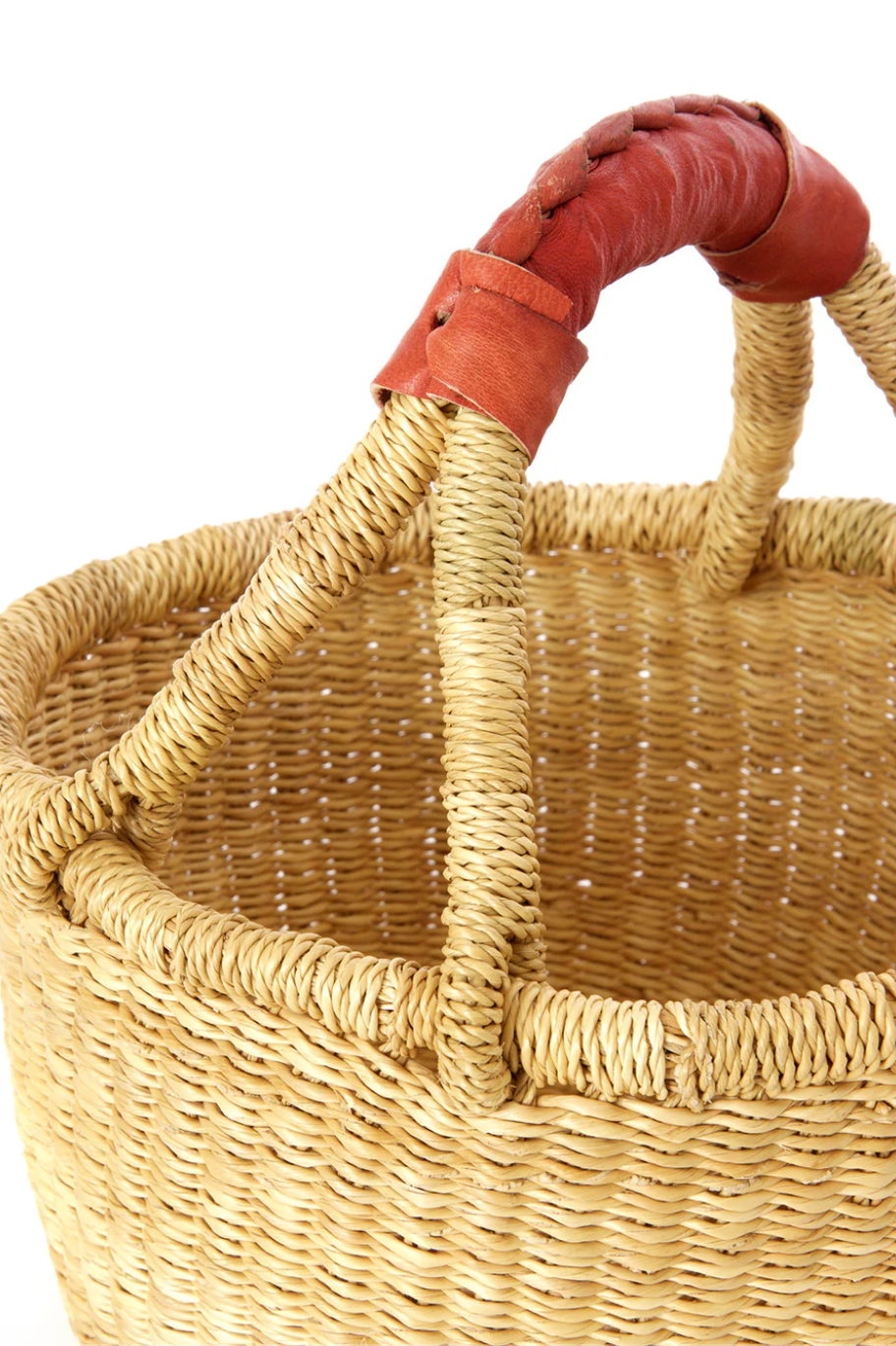 Natural Baby Bolga Basket with Brown Leather from Ghana