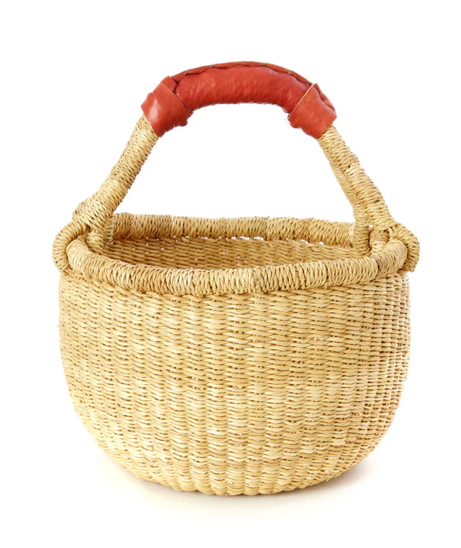 Natural Baby Bolga Basket with Brown Leather from Ghana