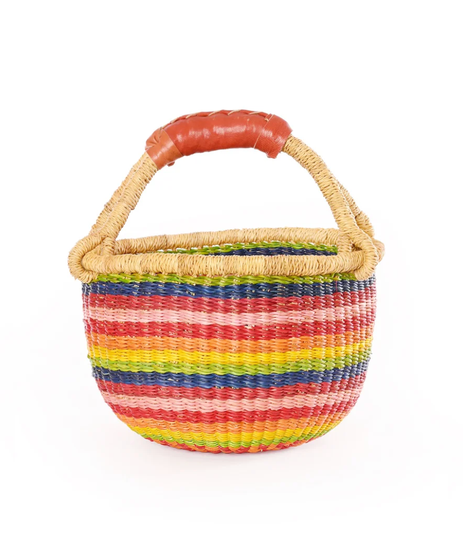 Rainbow Baby Bolga Basket with Brown Leather from Ghana