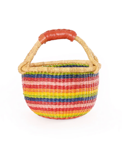Rainbow Baby Bolga Basket with Brown Leather from Ghana