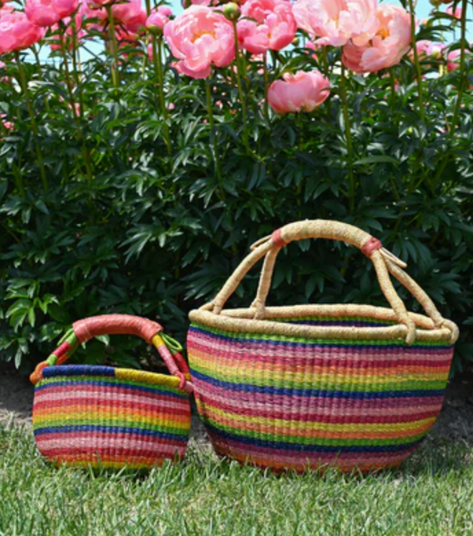 Rainbow Baby Bolga Basket with Brown Leather from Ghana
